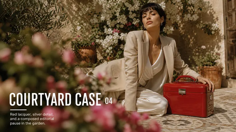 Sunlit Supermodel Nameplate Editorial — example: Courtyard Case Nameplate