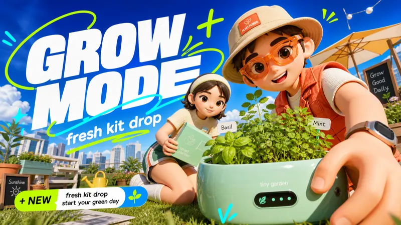 Sunny 3D Avatar Campaign Style — example: Rooftop Garden Launch