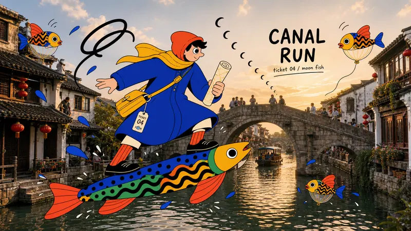 Surreal Fish Doodle Landmark Photo Collage Style — example: Canal Moon Fish Courier