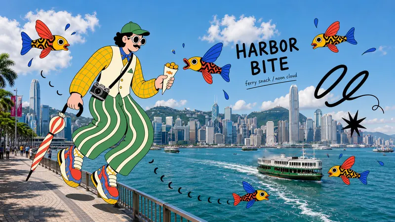 Surreal Fish Doodle Landmark Photo Collage Style — example: Harbor Sky Snack Guide