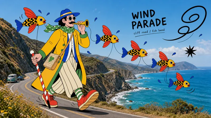Surreal Fish Doodle Landmark Photo Collage Style — example: Cliff Road Wind Parade