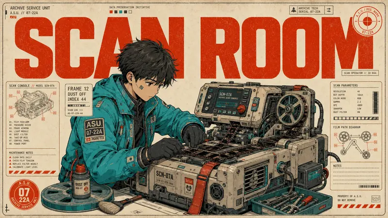 Turquoise Red Techno Manga Poster Style — example: Archive Scanner Mechanic