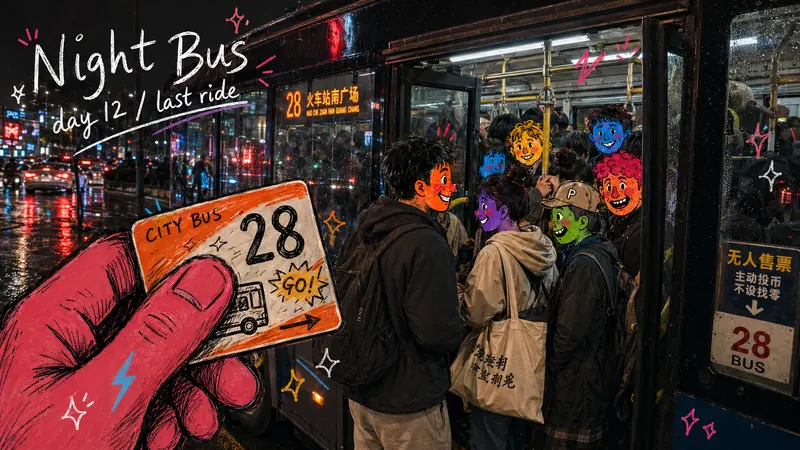 Urban Transit Doodle Diary Style — example: Night Bus Queue