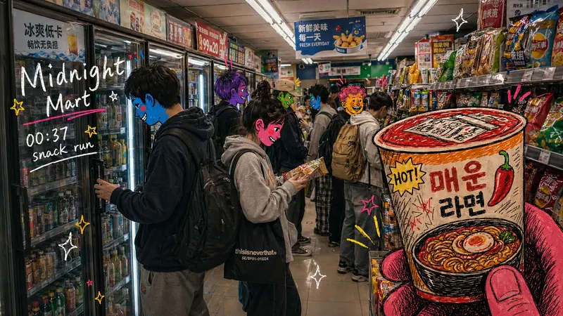 Urban Transit Doodle Diary Style — example: Convenience Store Midnight
