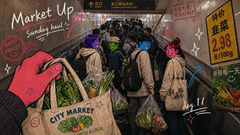 Urban Transit Doodle Diary Style — example: Market Escalator Rush