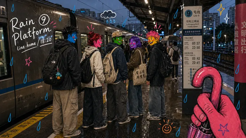 Urban Transit Doodle Diary Style — example: Rainy Platform Friends