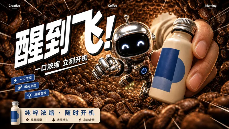 Warm Fisheye Product Impact Ad Style — example: Coffee Bean Wake-Up Robot