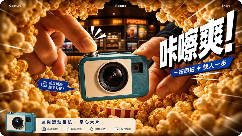 Warm Fisheye Product Impact Ad Style — example: Popcorn Pocket Camera