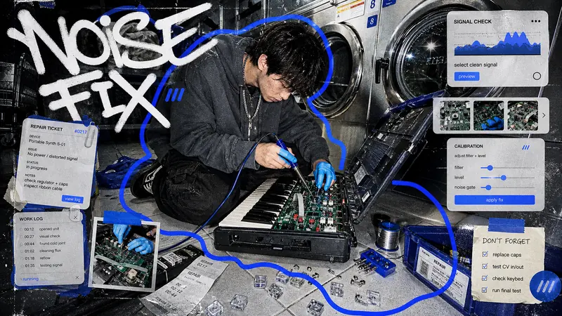 Y2K Mirror UI Scribble Collage Style — example: Laundromat Synth Repair