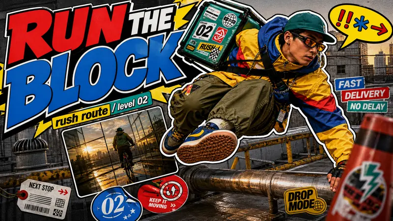 Y2K Streetwear Sticker Collage Style — example: Rooftop Courier