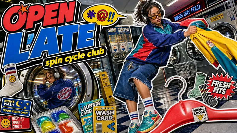 Y2K Streetwear Sticker Collage Style — example: Late Night Laundromat