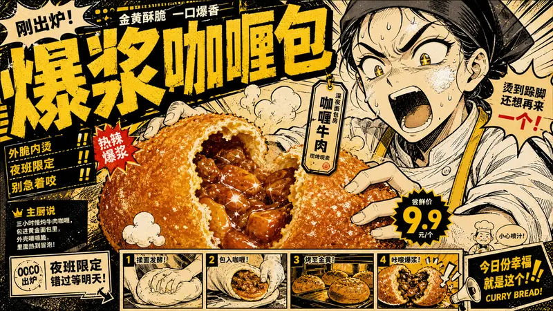 Yellow Black Manga Food Zine Ad Style — example: Midnight Curry Bread