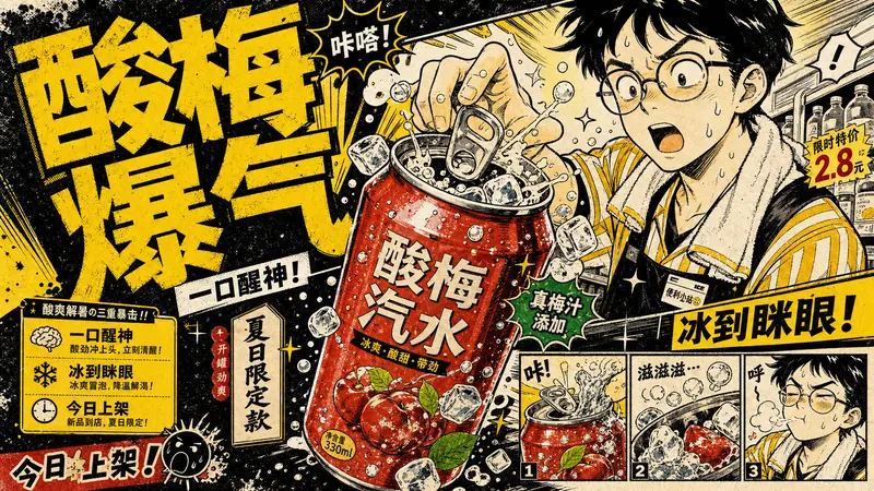 Yellow Black Manga Food Zine Ad Style — example: Sour Plum Soda