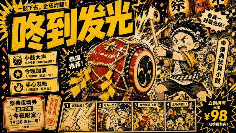 Yellow Black Manga Food Zine Ad Style — example: Festival Toy Drum