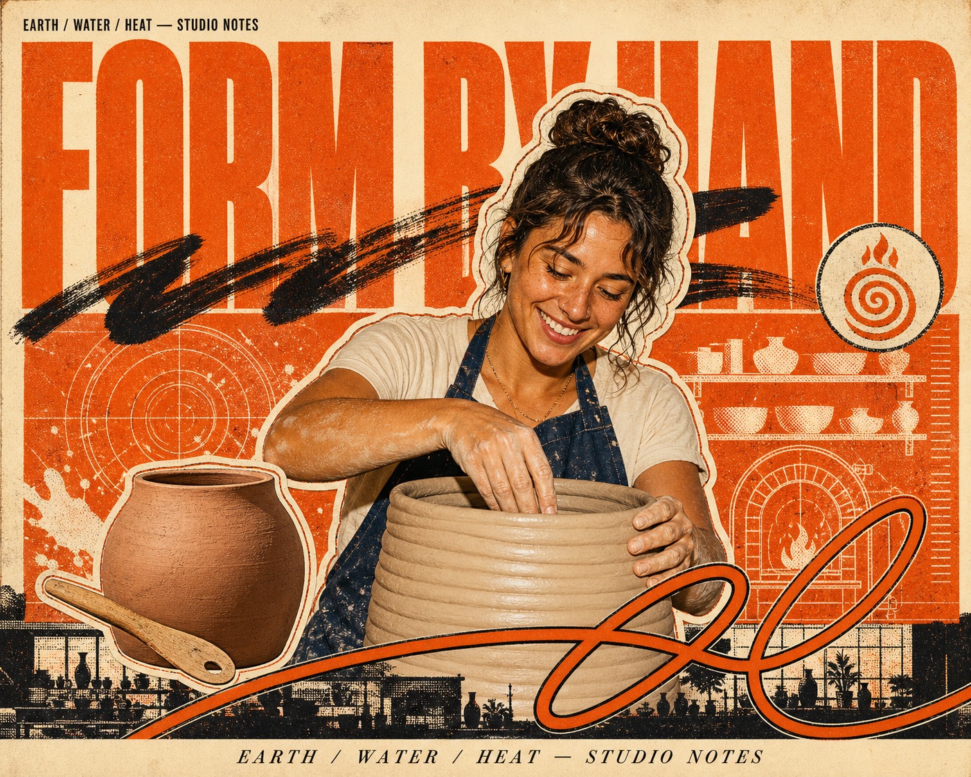 Burnt Orange Halftone Hero Collage — example AI image, 16:9