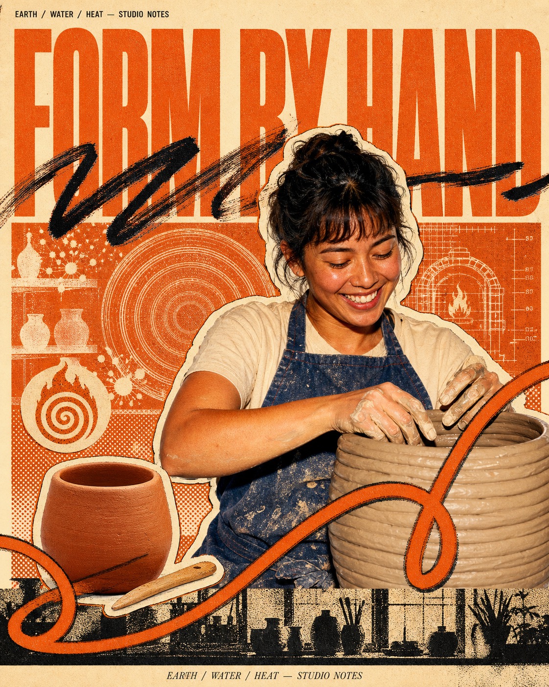 Burnt Orange Halftone Hero Collage — example AI image, 9:16