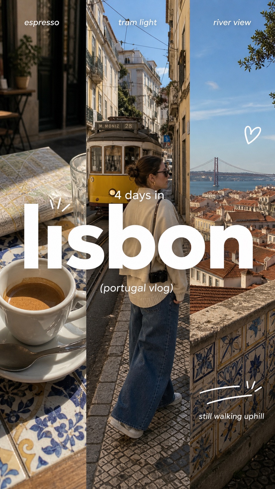 Clean Triptych Travel Vlog Thumbnail Style — example AI image, 9:16