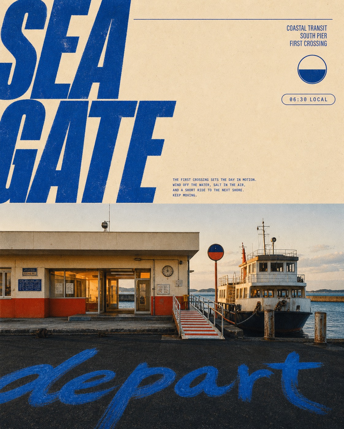 Cobalt Megatype Roadside Travel Editorial — example AI image, 9:16