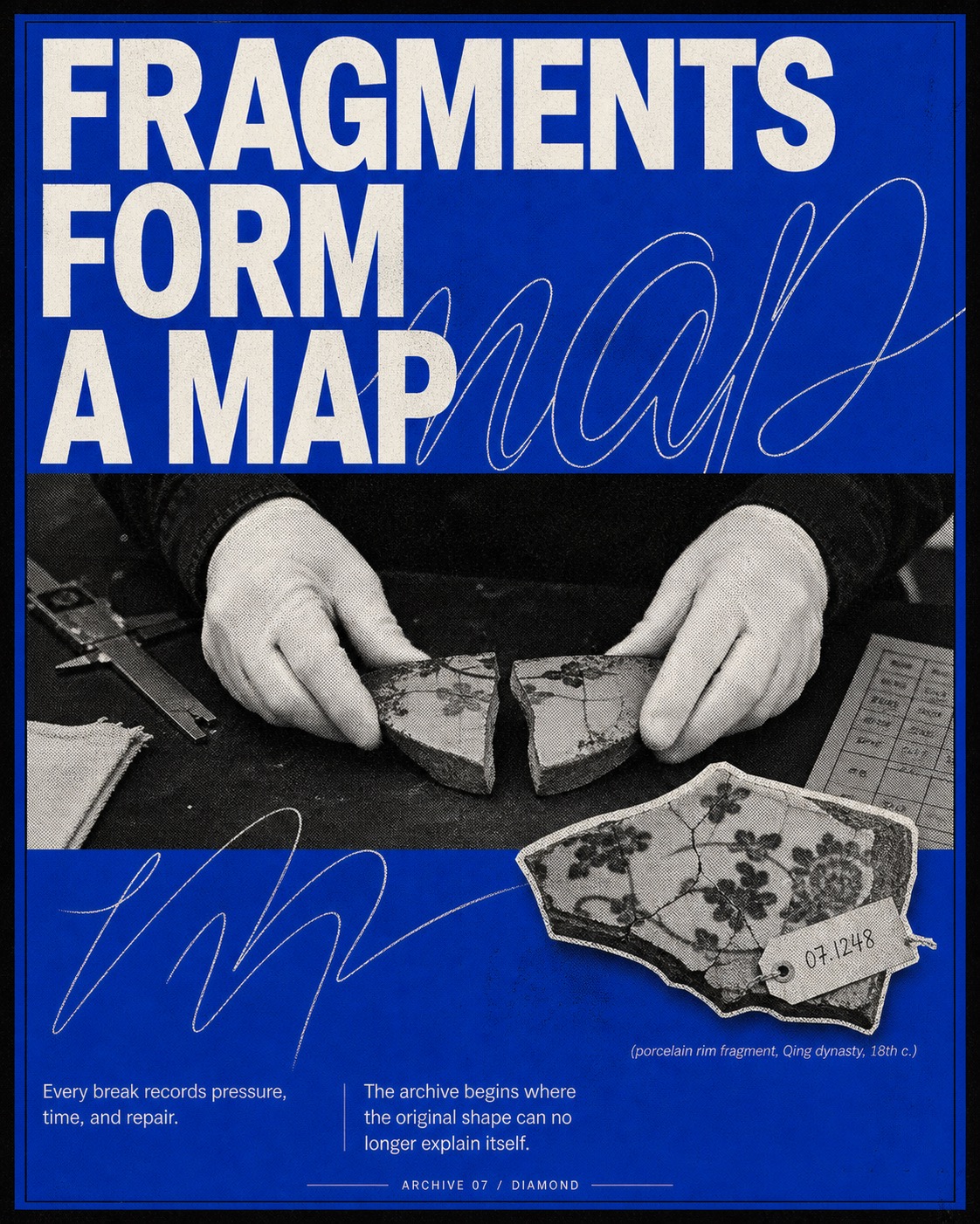 Cobalt Xerox Script Editorial Poster — example AI image, 9:16