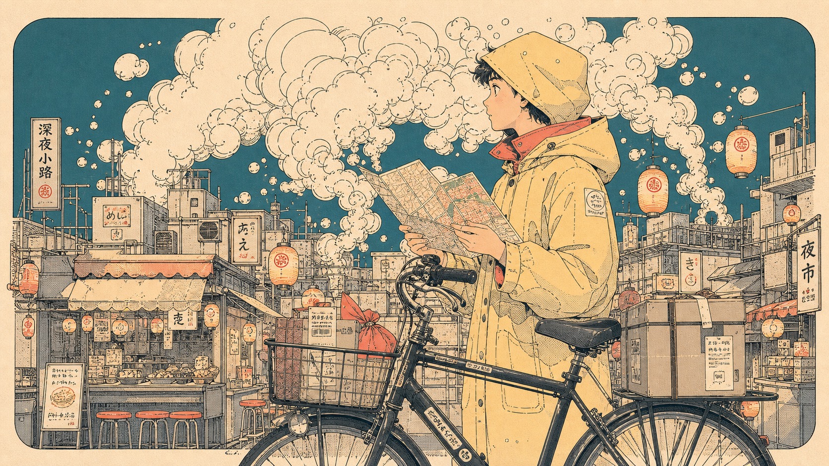 Cream Smoke City Manga Poster Style — example AI image, 16:9