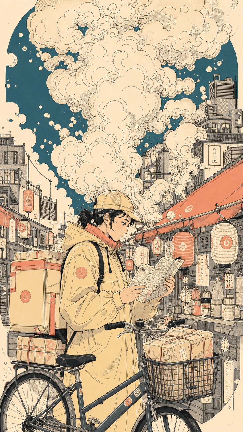 Cream Smoke City Manga Poster Style — example AI image, 9:16
