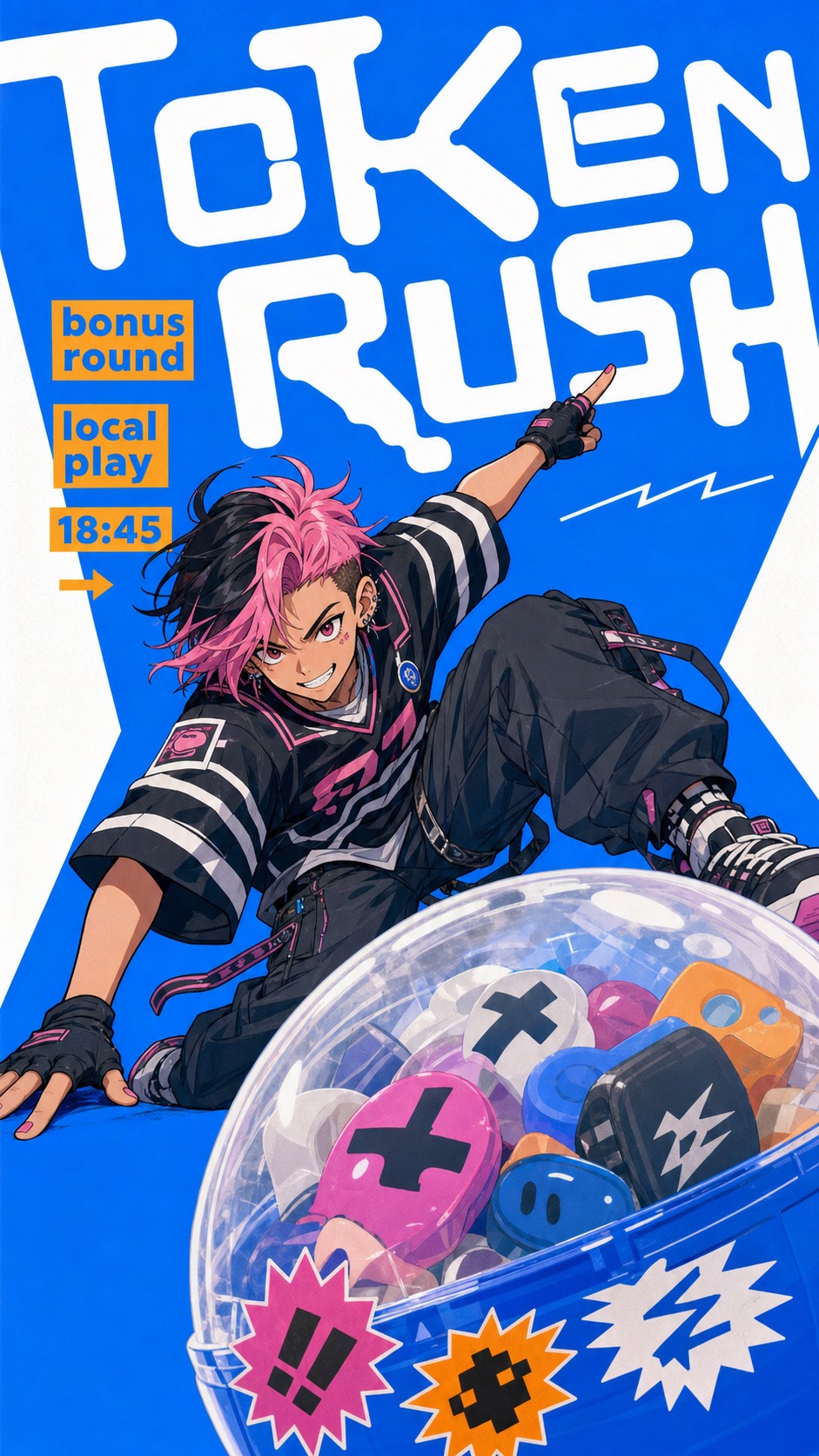 Electric Blue Cutout Manga Poster Style — example AI image, 9:16