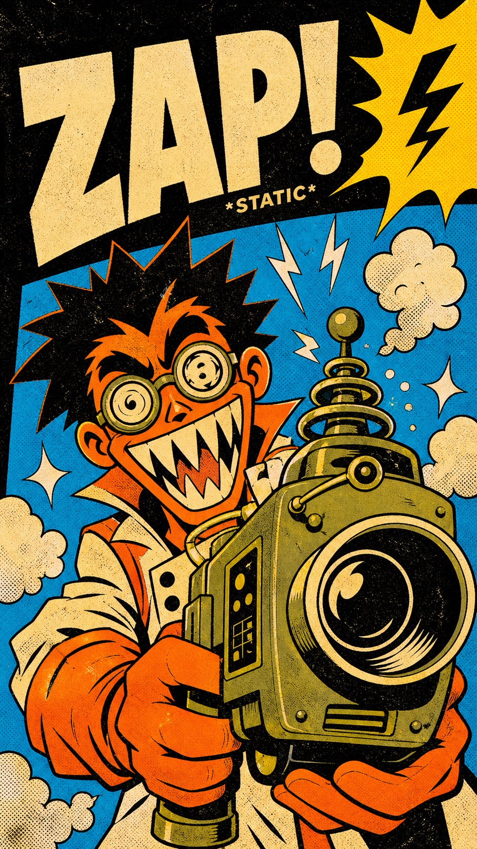 Impact Burst Halftone Comic Poster Style — example AI image, 9:16