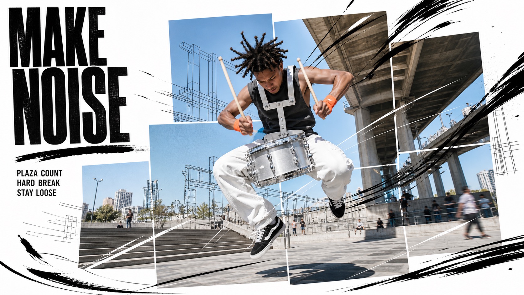 Kinetic Editorial Photo Collage — example AI image, 16:9