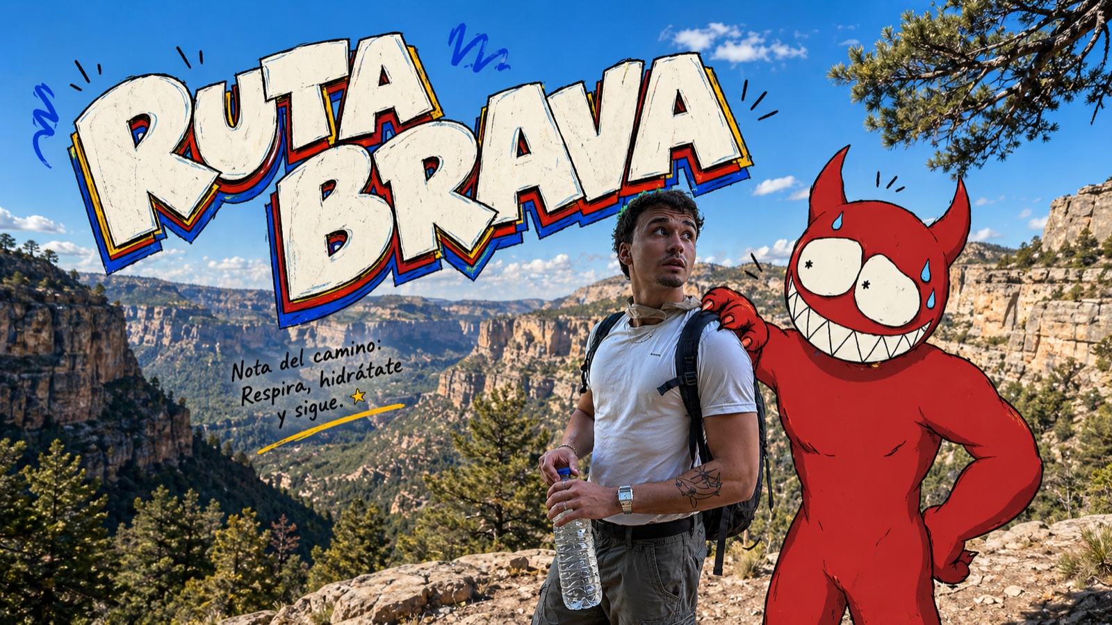 Mountain Trail Monster Doodle Poster Style — example AI image, 16:9