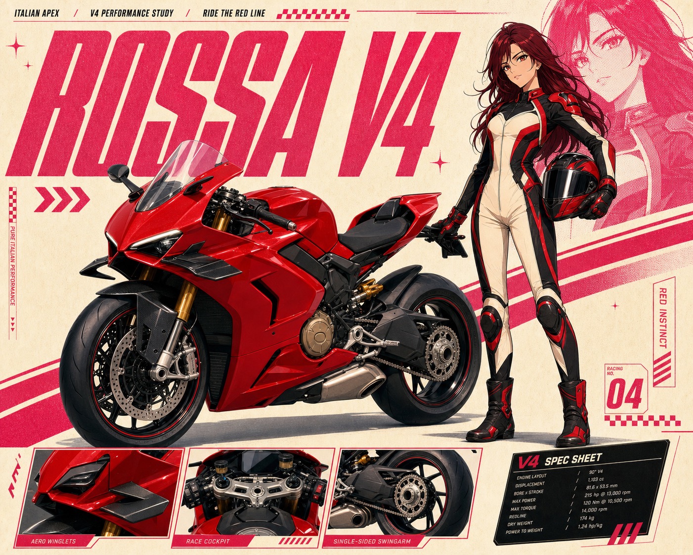 Pink Anime Motorcycle Spec Poster Style — example AI image, 16:9