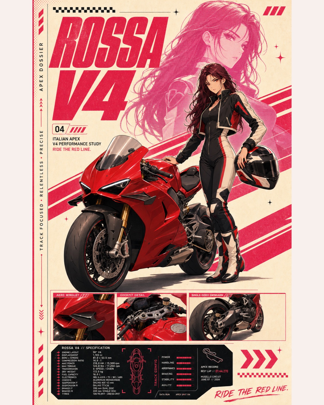 Pink Anime Motorcycle Spec Poster Style — example AI image, 9:16
