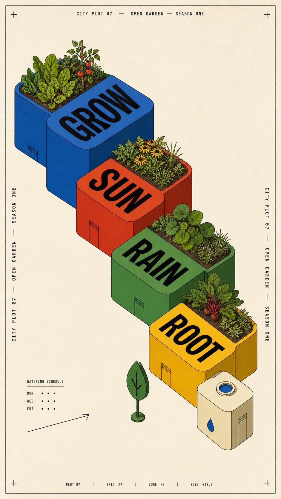 Primary Block Isometric Editorial Poster Style — example AI image, 9:16