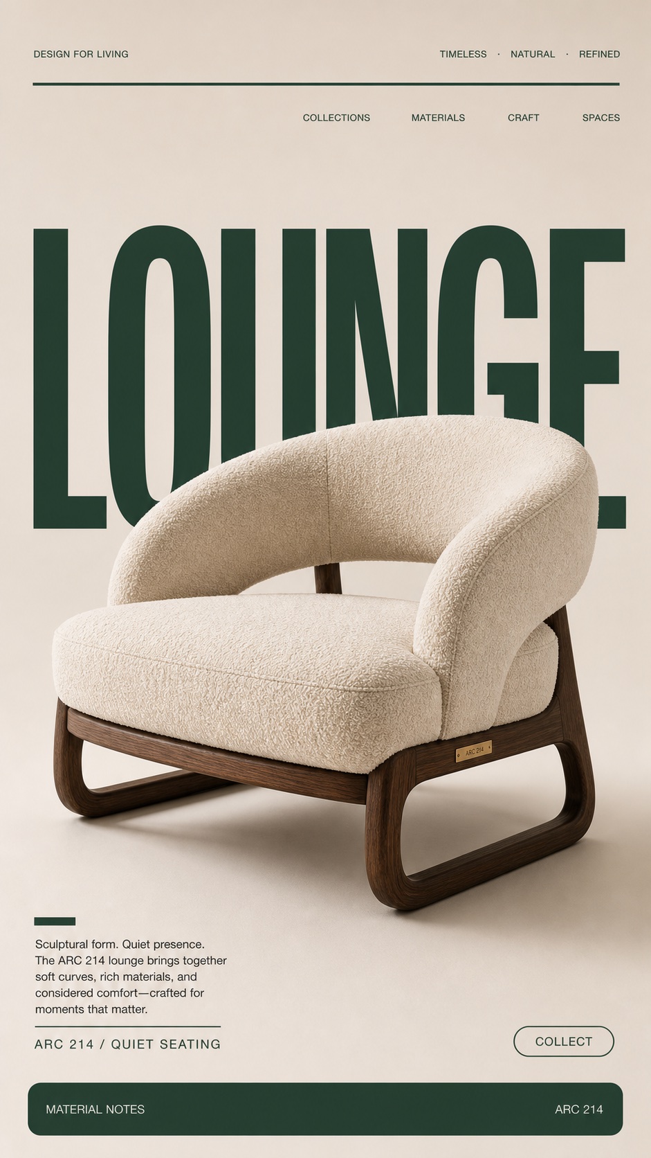 Quiet Luxury Furniture Nameplate Poster Style — example AI image, 9:16