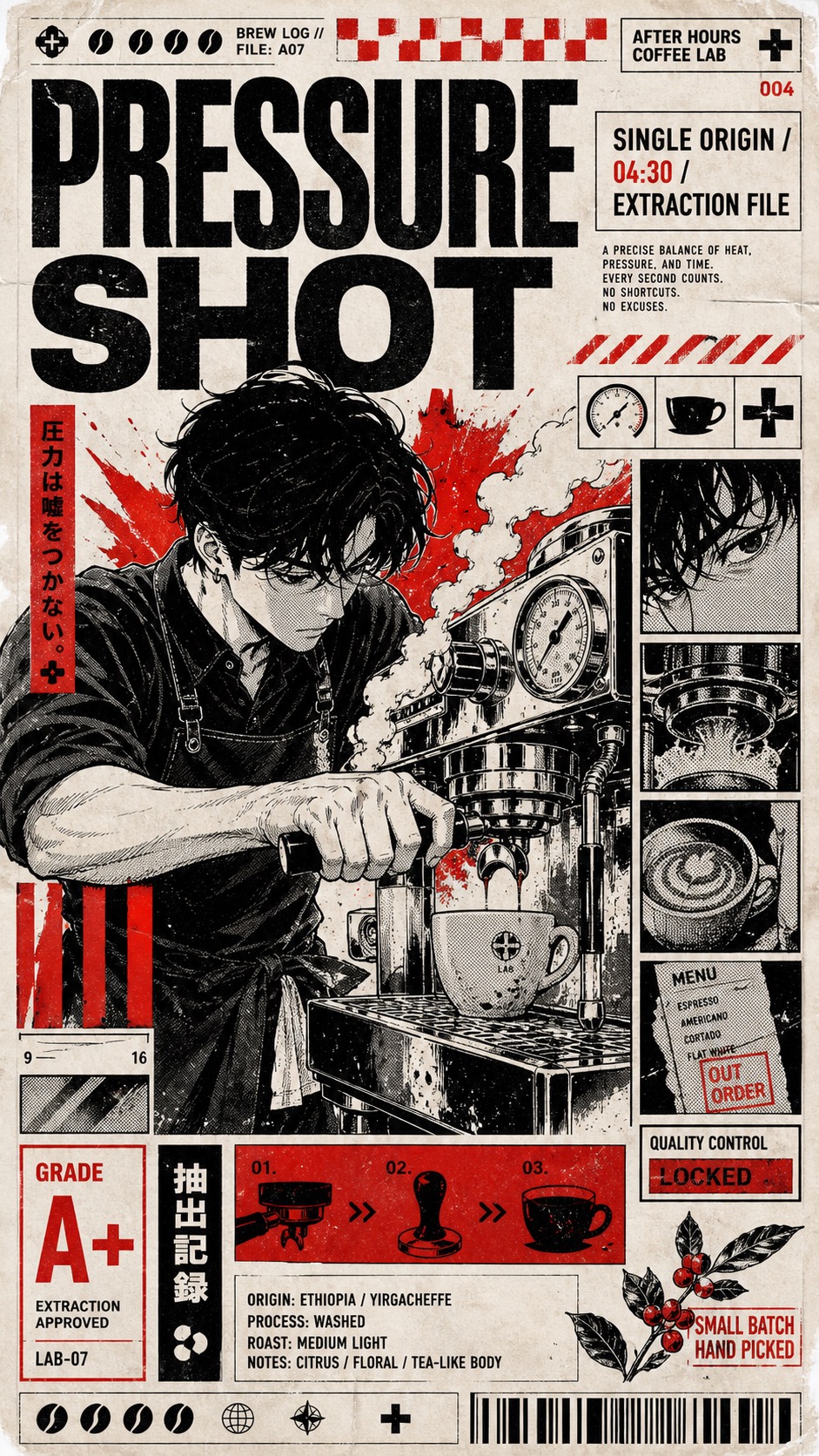 Red Black Manga Tabloid Poster Style — example AI image, 9:16
