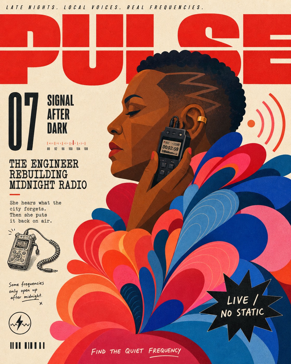 Signal Red Petal Profile Editorial Cover — example AI image, 9:16