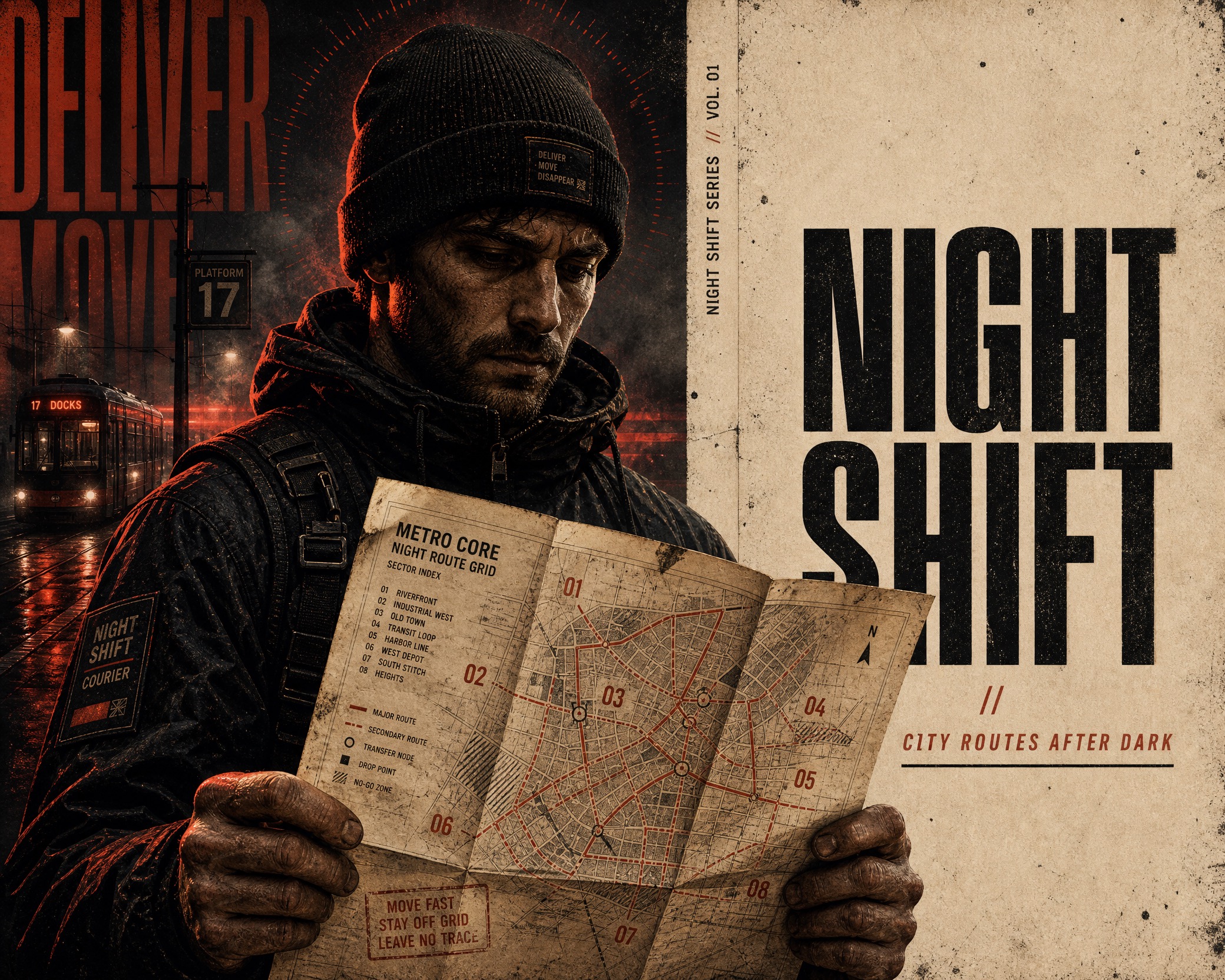 Split Scorched Editorial Poster — example AI image, 16:9