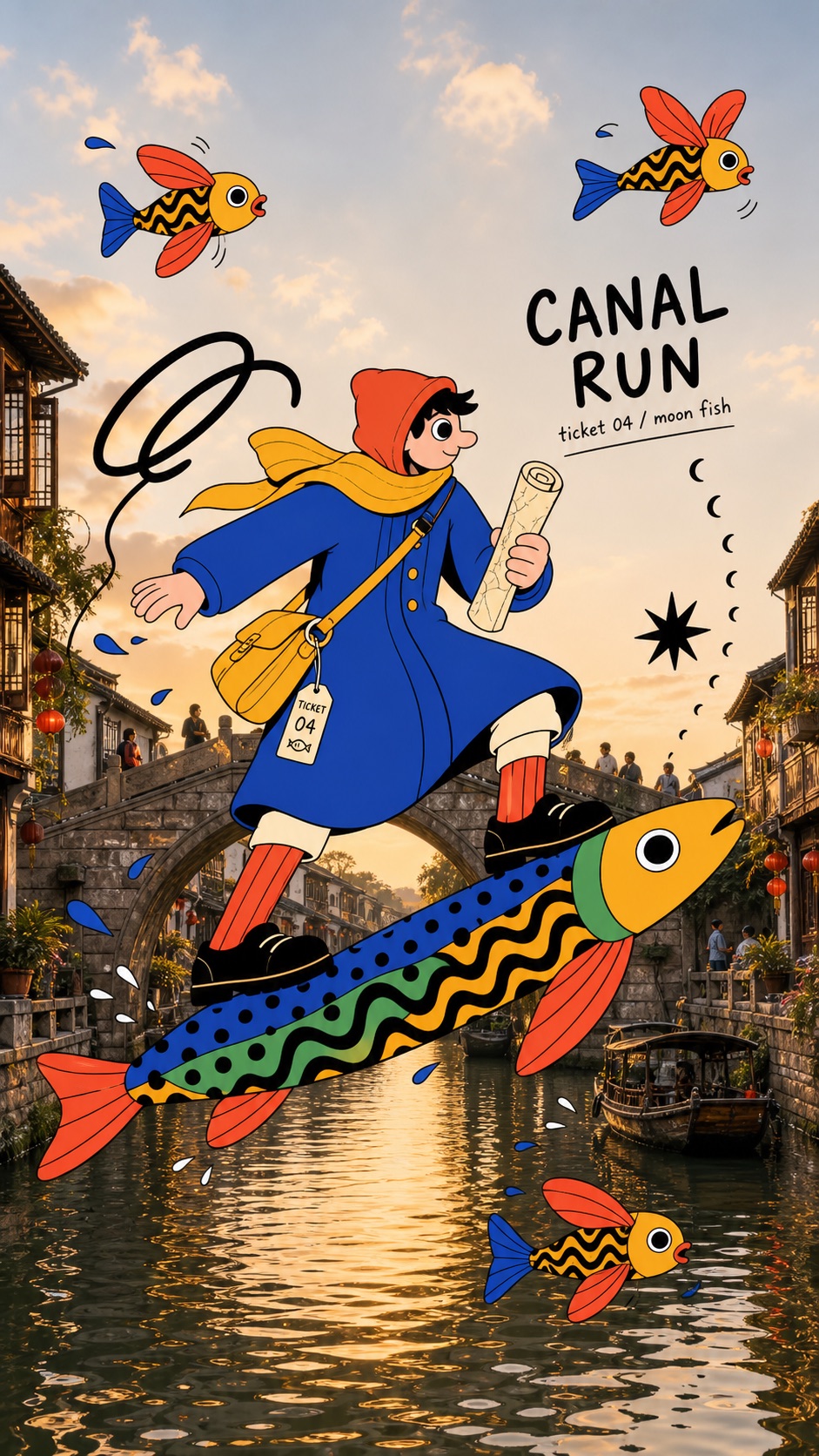 Surreal Fish Doodle Landmark Photo Collage Style — example AI image, 9:16