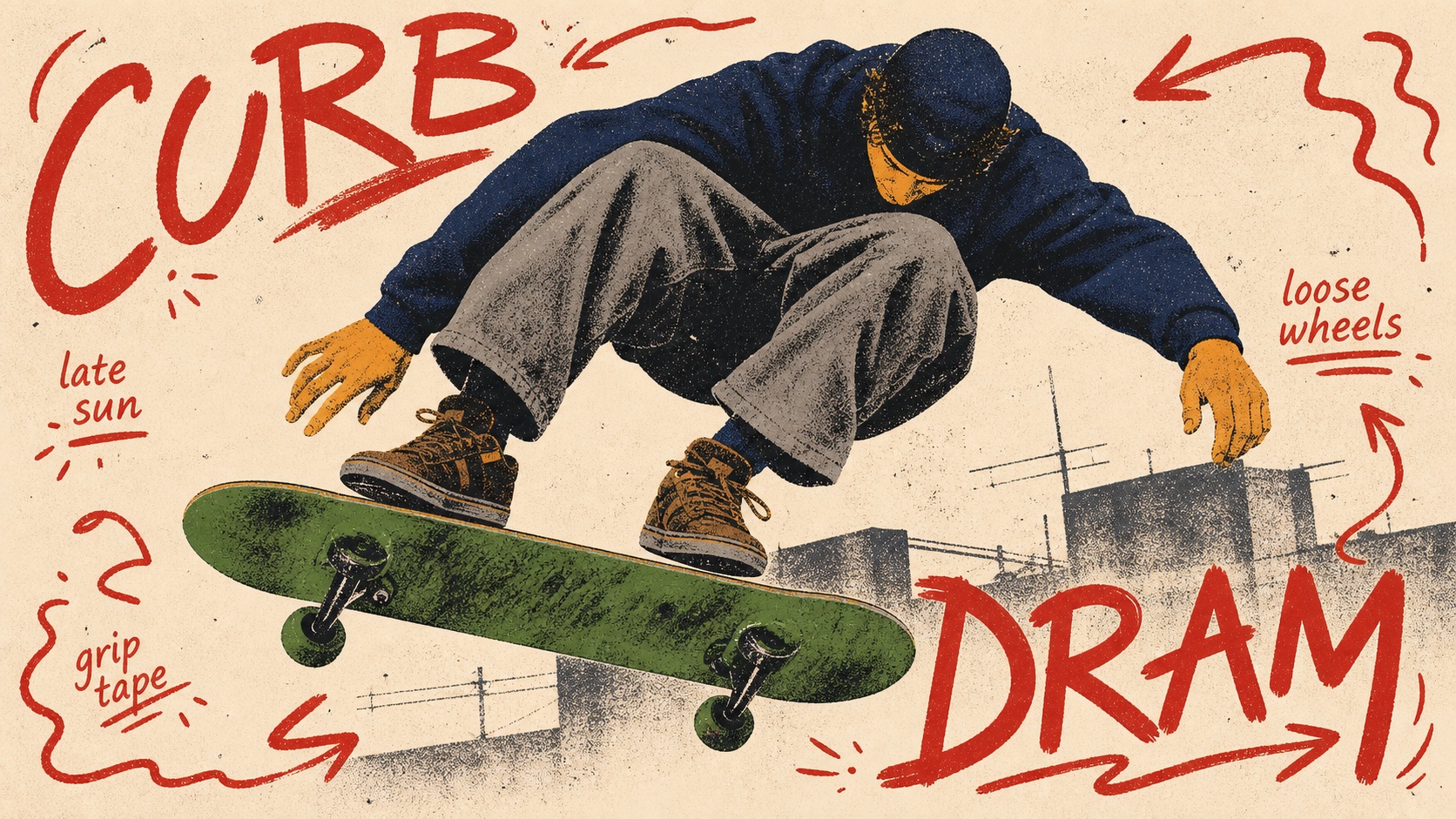 Teenage Skate Scribble Screenprint Poster Style — example AI image, 16:9
