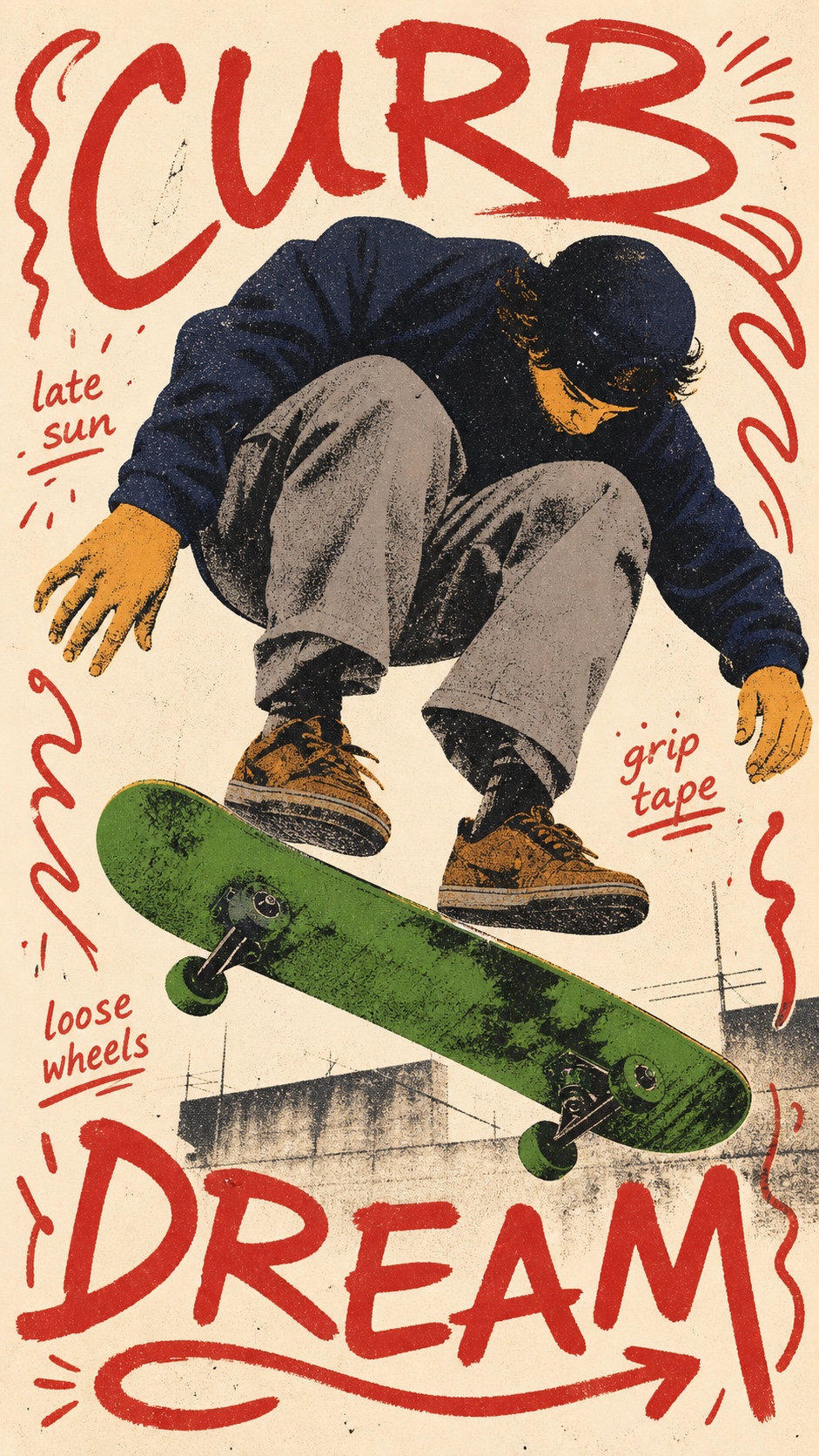 Teenage Skate Scribble Screenprint Poster Style — example AI image, 9:16