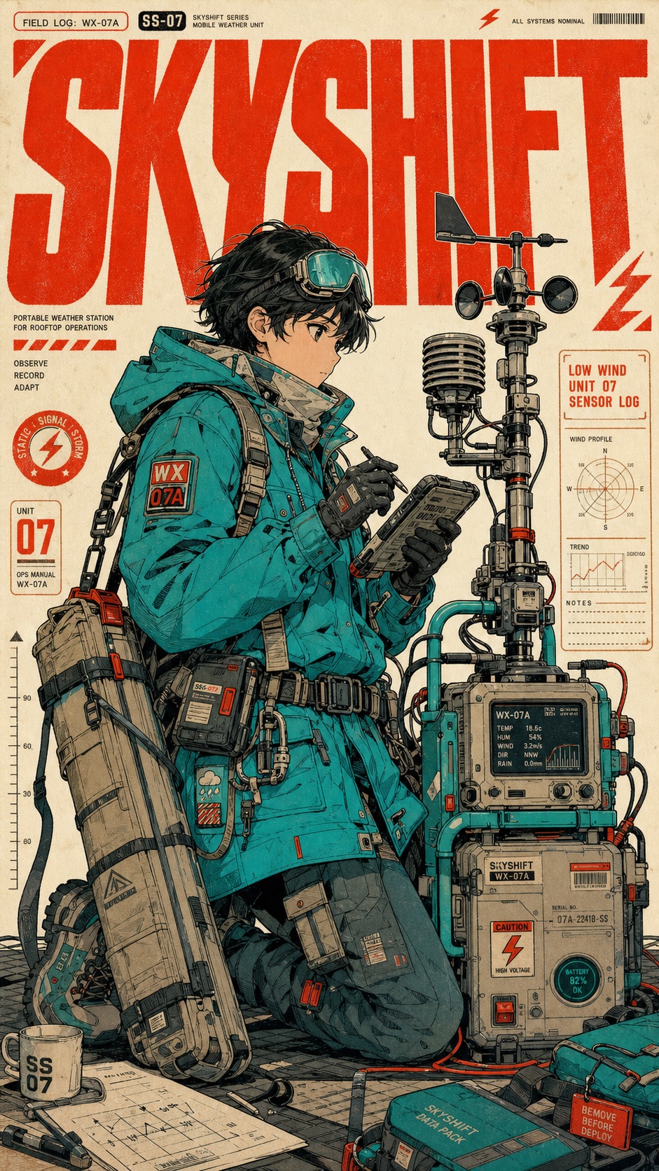 Turquoise Red Techno Manga Poster Style — example AI image, 9:16